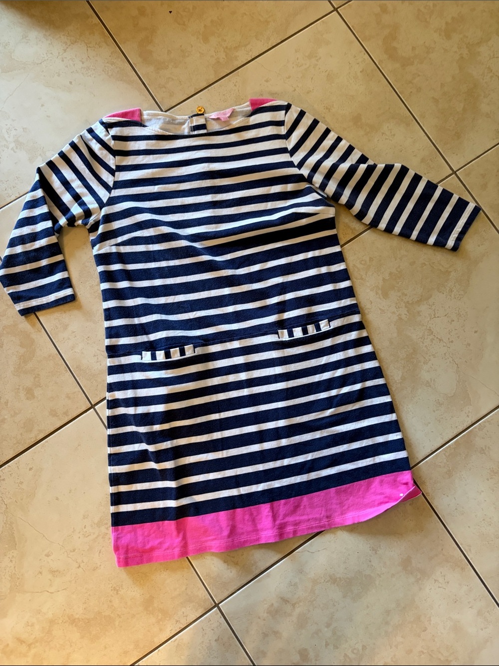 Lilly Pulitzer Navy White Striped Long Sleeve Dress with Pink Hem